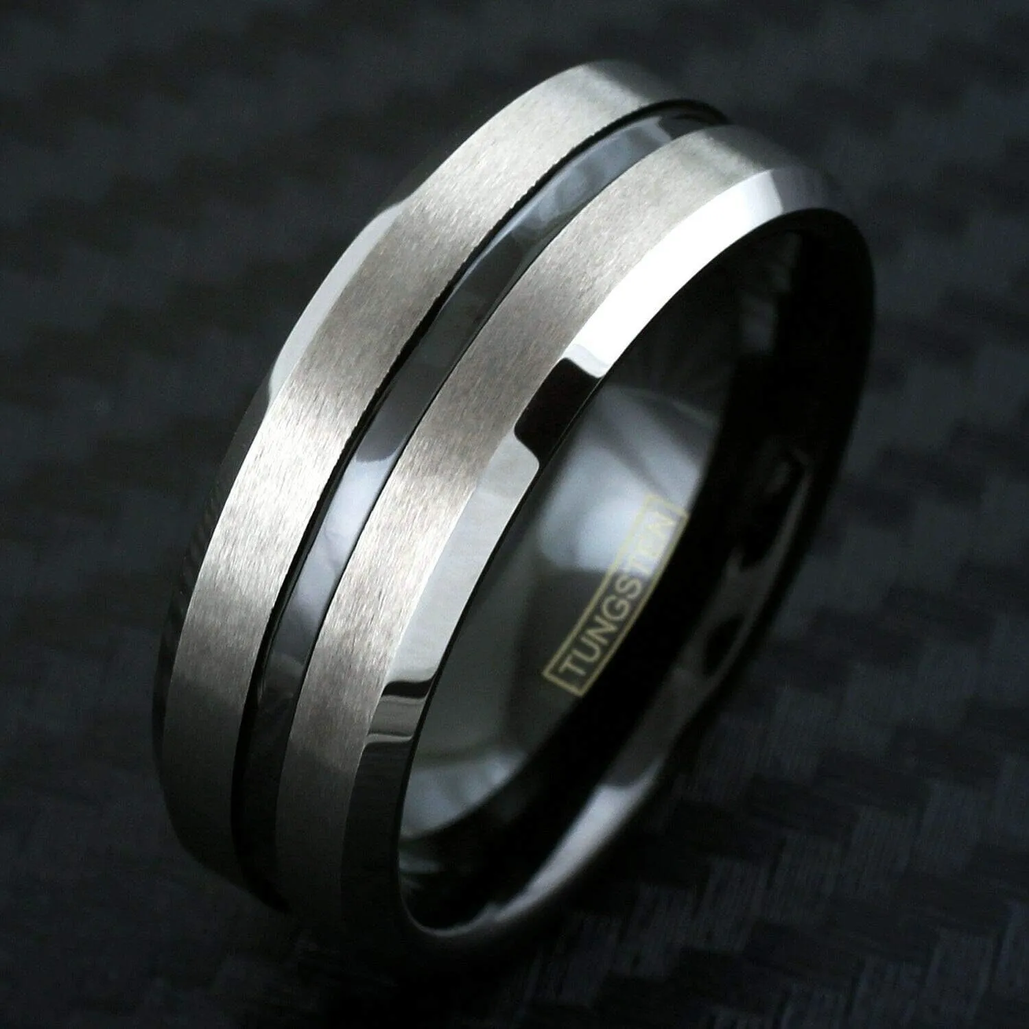 Awesome 8mm Brushed Satin Finish Silver Tungsten Carbide Band Ring with Polished Piano Black Recessed Stripe & Matching Black Comfort Fit Inner Band.
