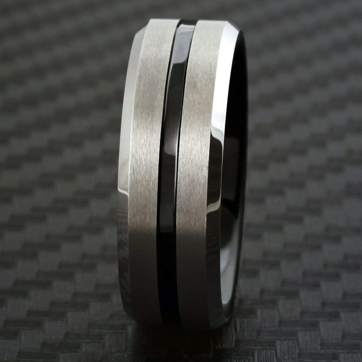 Awesome 8mm Brushed Satin Finish Silver Tungsten Carbide Band Ring with Polished Piano Black Recessed Stripe & Matching Black Comfort Fit Inner Band.