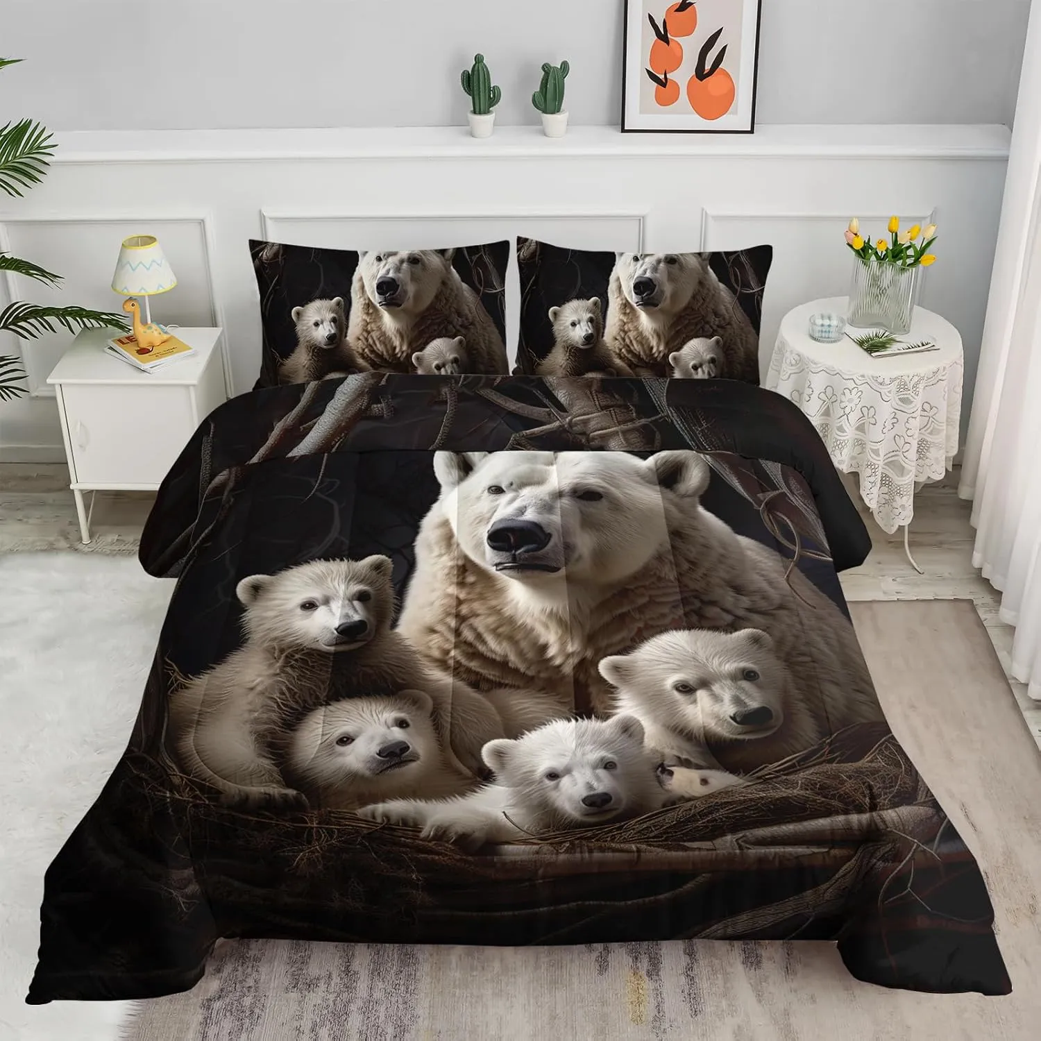 Axolotl Polar Bear Comforter Set King,Arctic Animals Bedding Set Cute Polar Bear Family Comforter for Women Adults,Kawaii Animals Rustic Nature Duvet Set White Bear Room Decor 1 Quilt 2 Pillowcases