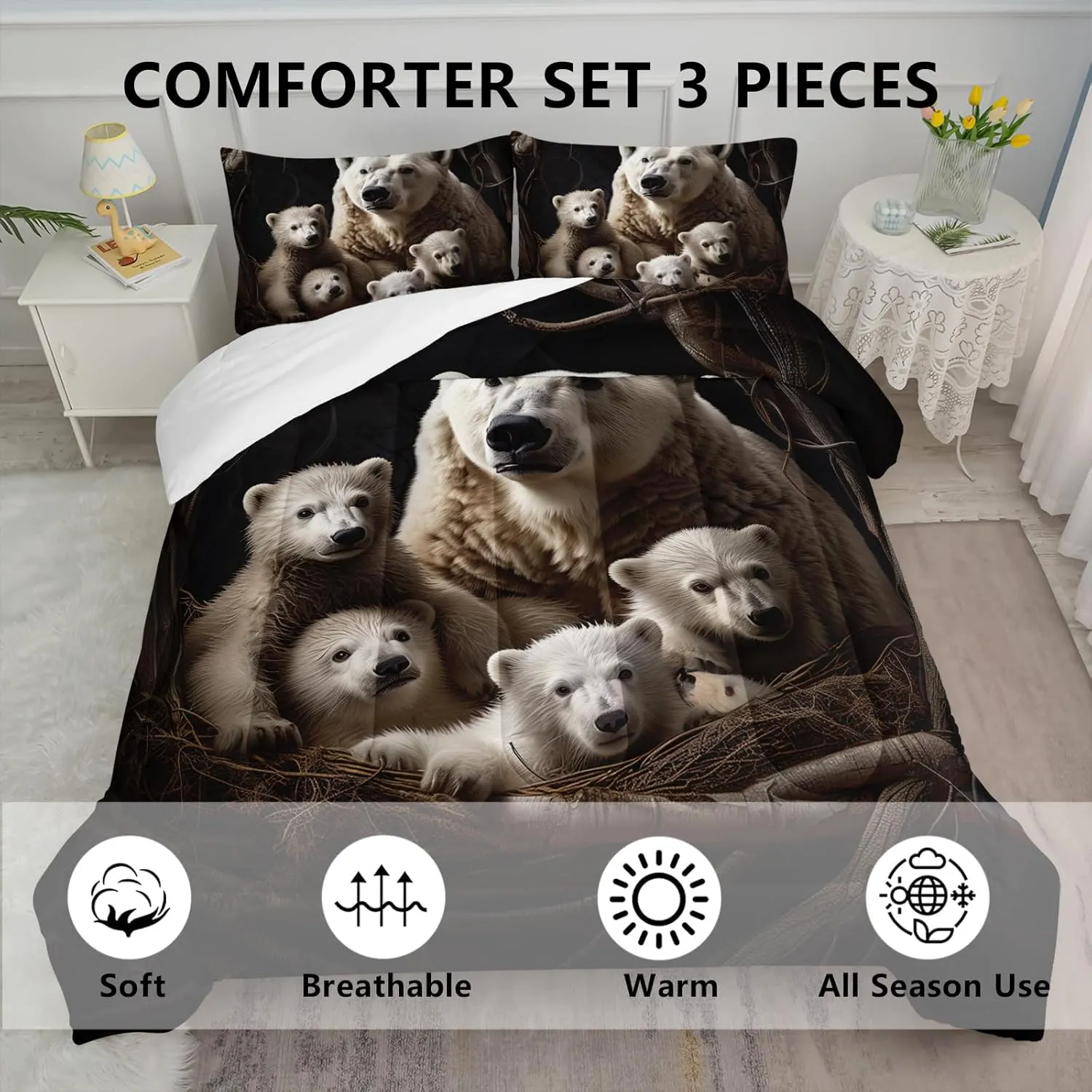 Axolotl Polar Bear Comforter Set King,Arctic Animals Bedding Set Cute Polar Bear Family Comforter for Women Adults,Kawaii Animals Rustic Nature Duvet Set White Bear Room Decor 1 Quilt 2 Pillowcases