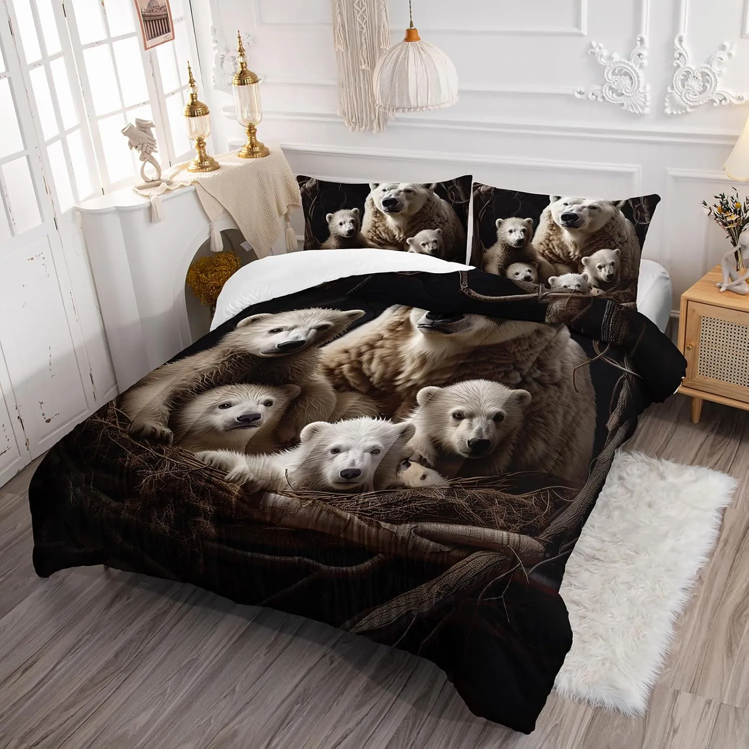 Axolotl Polar Bear Comforter Set King,Arctic Animals Bedding Set Cute Polar Bear Family Comforter for Women Adults,Kawaii Animals Rustic Nature Duvet Set White Bear Room Decor 1 Quilt 2 Pillowcases