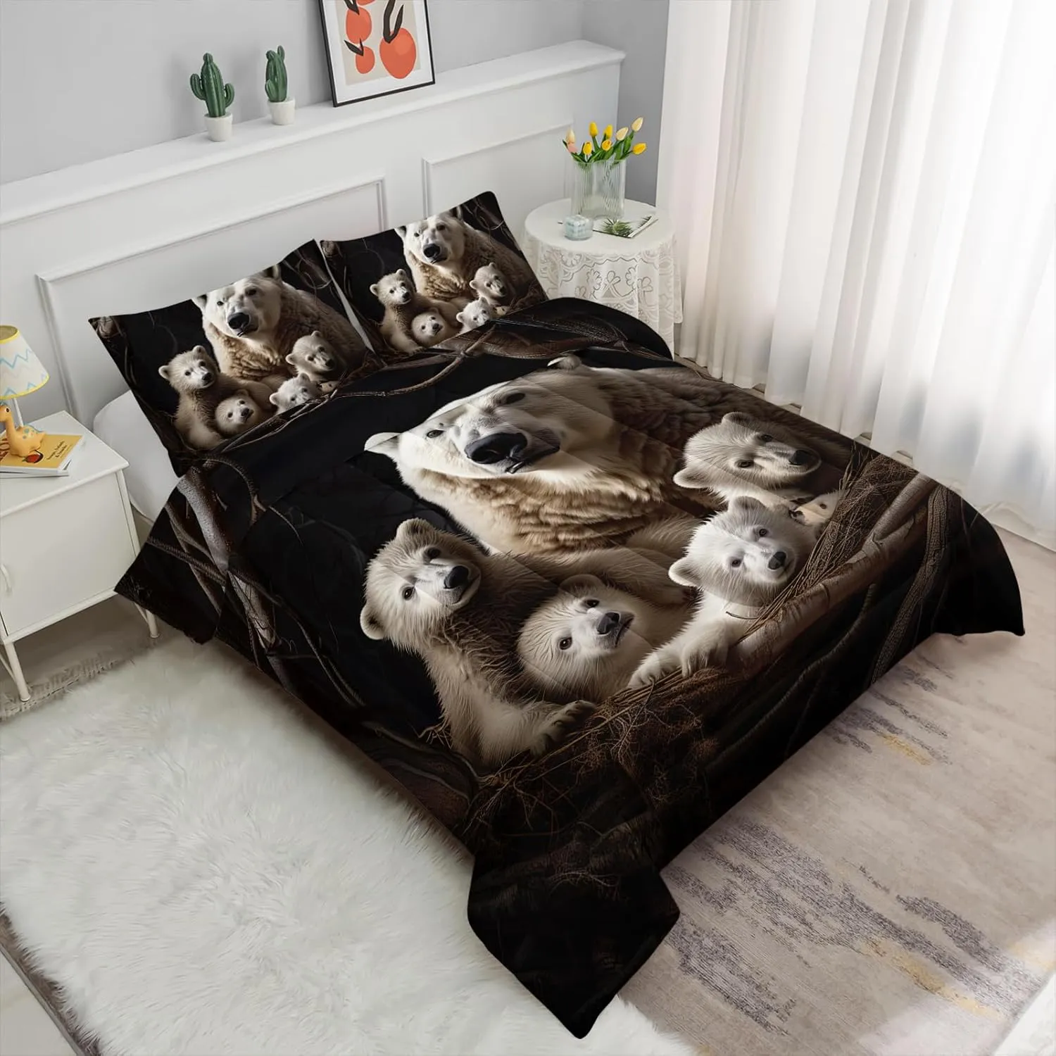 Axolotl Polar Bear Comforter Set King,Arctic Animals Bedding Set Cute Polar Bear Family Comforter for Women Adults,Kawaii Animals Rustic Nature Duvet Set White Bear Room Decor 1 Quilt 2 Pillowcases