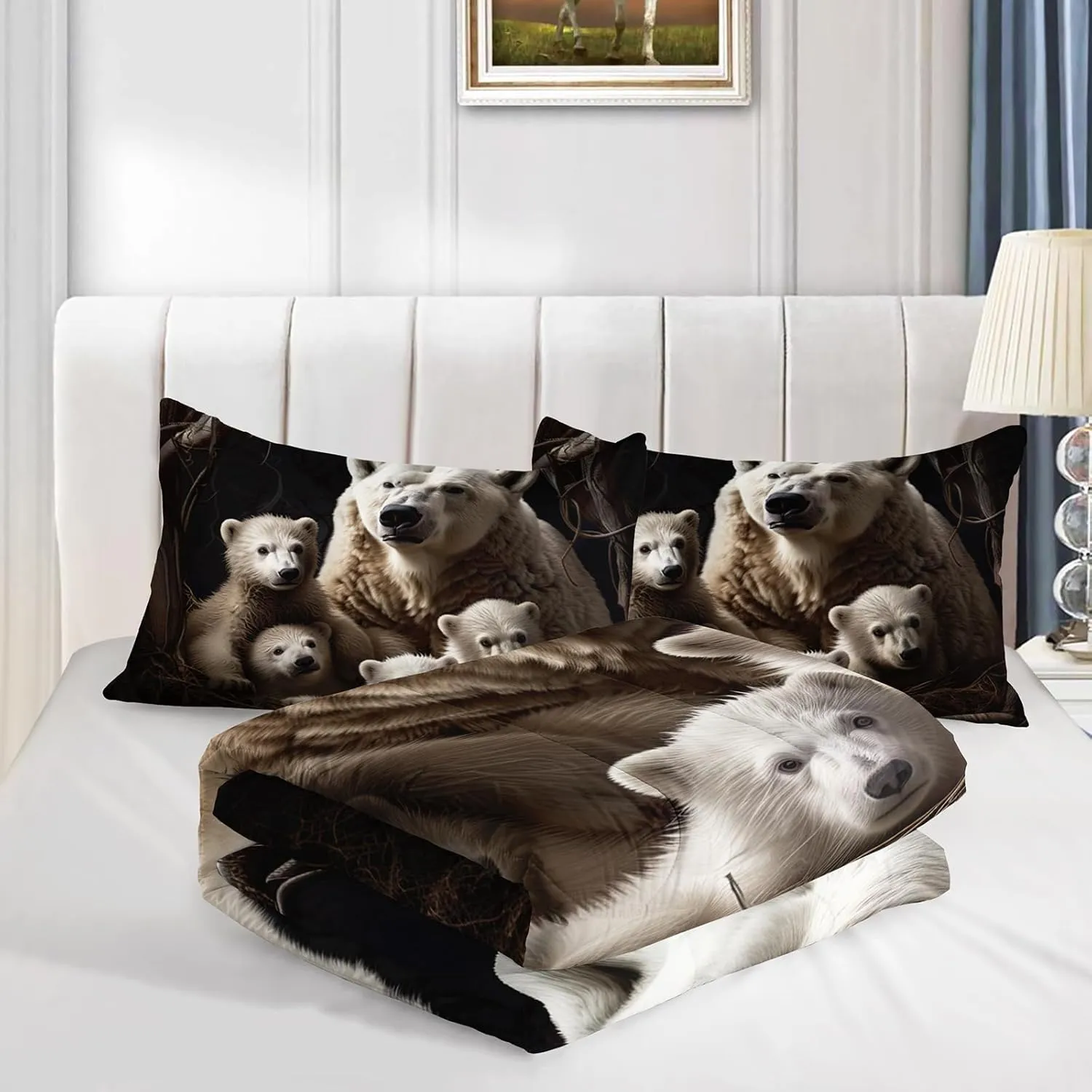 Axolotl Polar Bear Comforter Set King,Arctic Animals Bedding Set Cute Polar Bear Family Comforter for Women Adults,Kawaii Animals Rustic Nature Duvet Set White Bear Room Decor 1 Quilt 2 Pillowcases