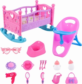 BABESIDE Baby Doll Accessories Set - 16PCS Pretend Playset Including Bed, High Chair, Bottles, Cutlery, Glass for 12 Inch Doll, Kids Gift