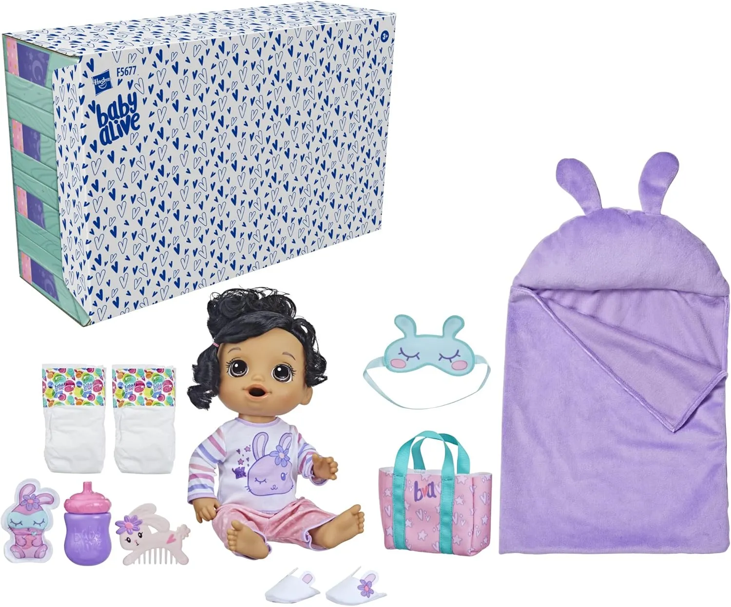 Baby Alive Bunny Sleepover Baby Doll, Bedtime-Themed 12-Inch Dolls, Sleeping Bag & Bunny-Themed Doll Accessories, Toys for 3 Year Old Girls and Boys and Up, Brown Hair (Amazon Exclusive)