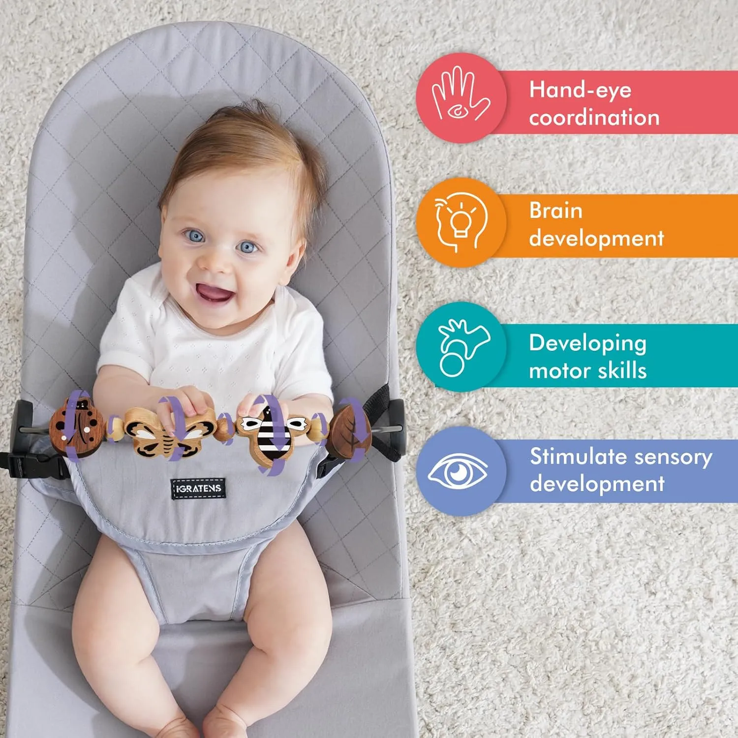 Baby Bjorn Bouncer Toy Bar - Toy Bar for Baby Bouncer Soft & Bliss, Easy to Attach and Remove, 360°Rotating Natural Wooden Toys, Exciting Design for Curious Babies, Insects Paradise