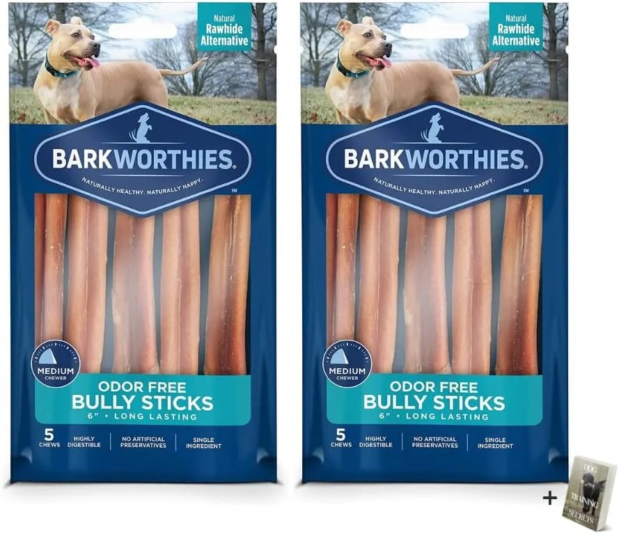 Barkworthies Odor Free Bully Sticks - 2 Pack (5 ct 6 inch) Premium Long Lasting, Protein-Packed, Grain Free Dog Treats and Dog Chews for Aggressive Chewers - Promotes Healthy Teeth for Dogs - E-Book