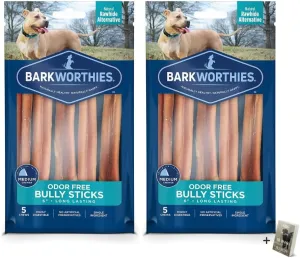 Barkworthies Odor Free Bully Sticks - 2 Pack (5 ct 6 inch) Premium Long Lasting, Protein-Packed, Grain Free Dog Treats and Dog Chews for Aggressive Chewers - Promotes Healthy Teeth for Dogs - E-Book