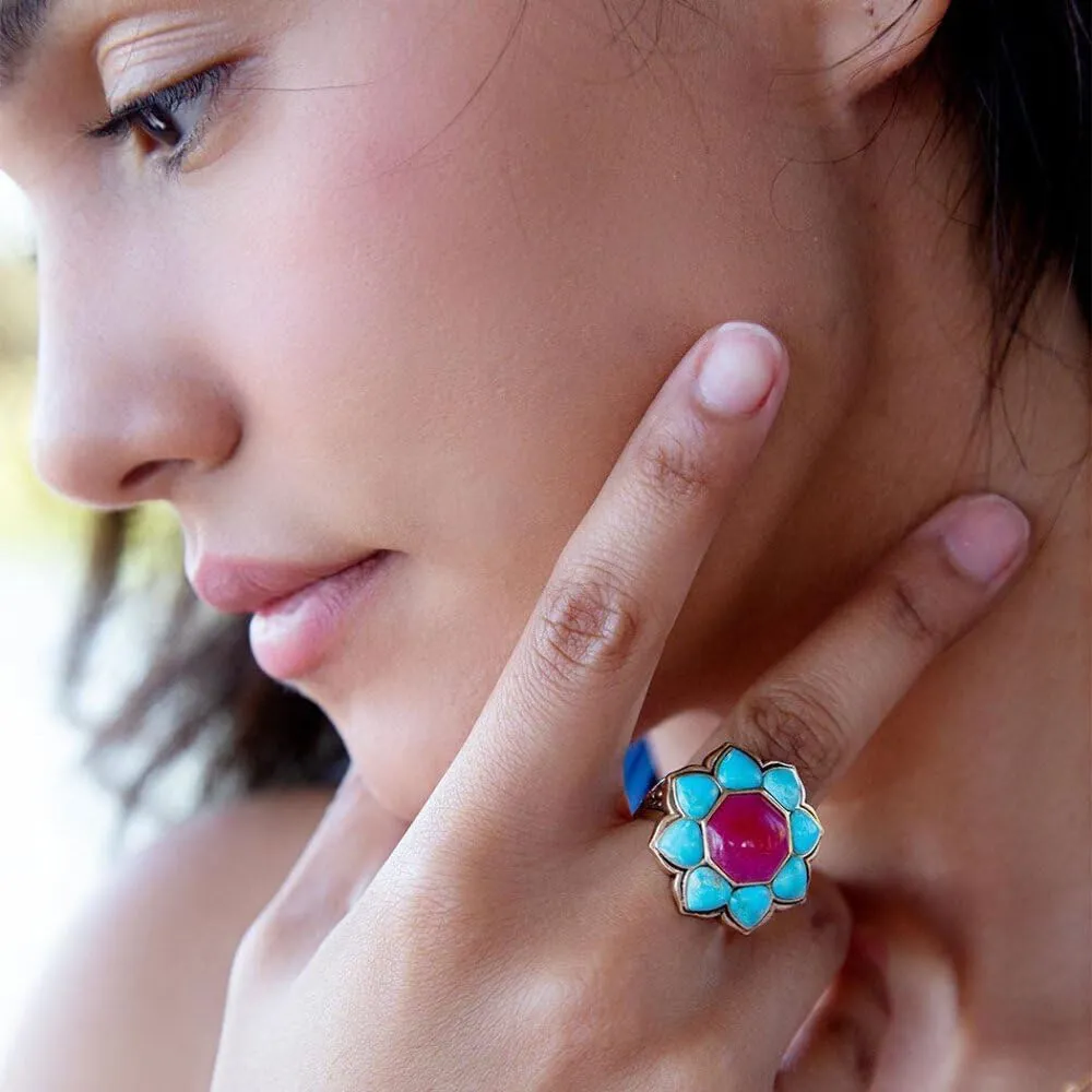 Barse Jewelry Blue Turquoise and Red Quartz Flower Golden Ring