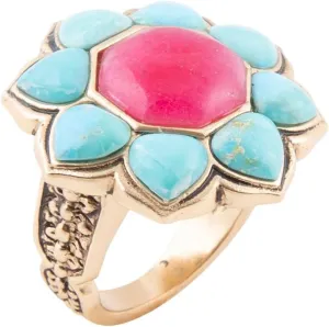 Barse Jewelry Blue Turquoise and Red Quartz Flower Golden Ring