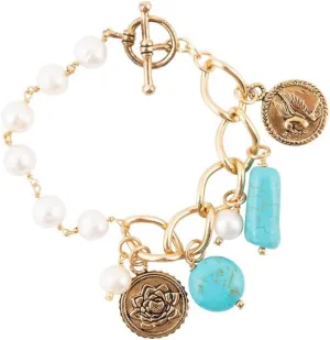 Barse Jewelry Blue Turquoise and White Pearl Multi Charm Golden Bracelet
