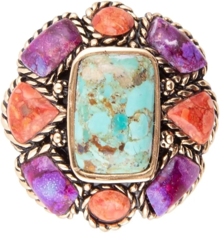 Barse Jewelry Blue Turquoise Colorful Floral Golden Ring