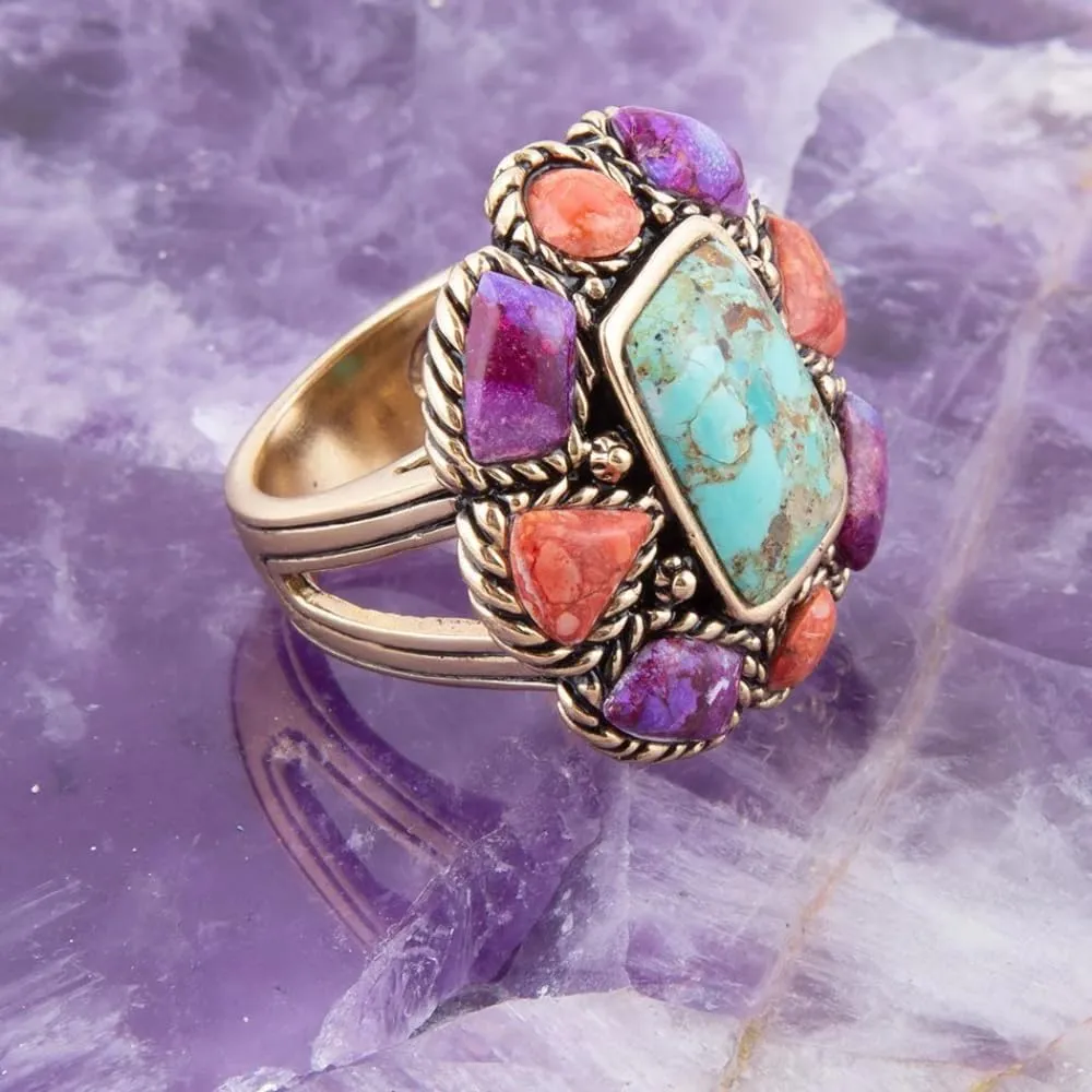 Barse Jewelry Blue Turquoise Colorful Floral Golden Ring
