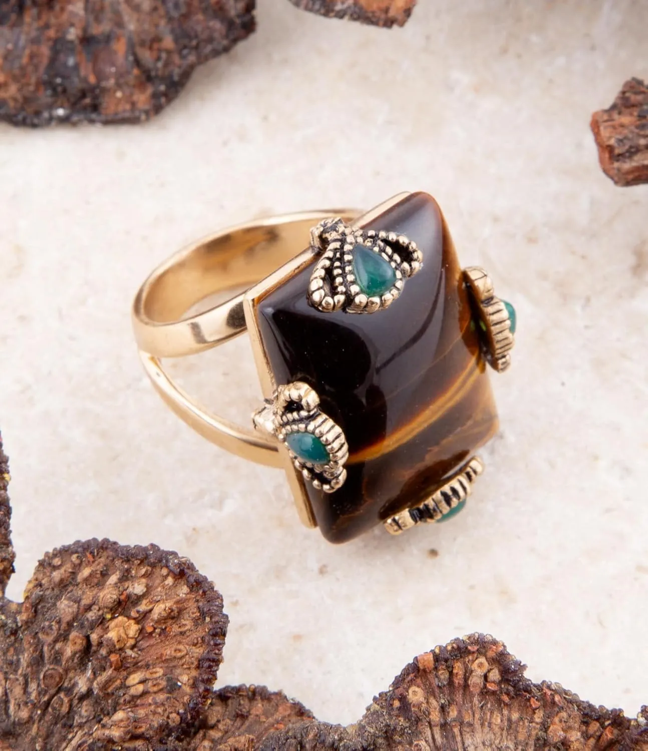 Barse Jewelry Prismatic Brown Tiger's Eye Statement Golden Ring