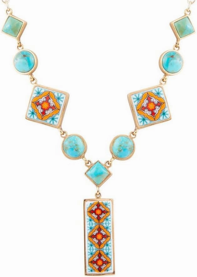 Barse Jewelry Talavera Tile and Blue Turquoise Golden Y-Neck
