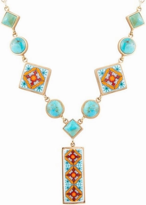 Barse Jewelry Talavera Tile and Blue Turquoise Golden Y-Neck