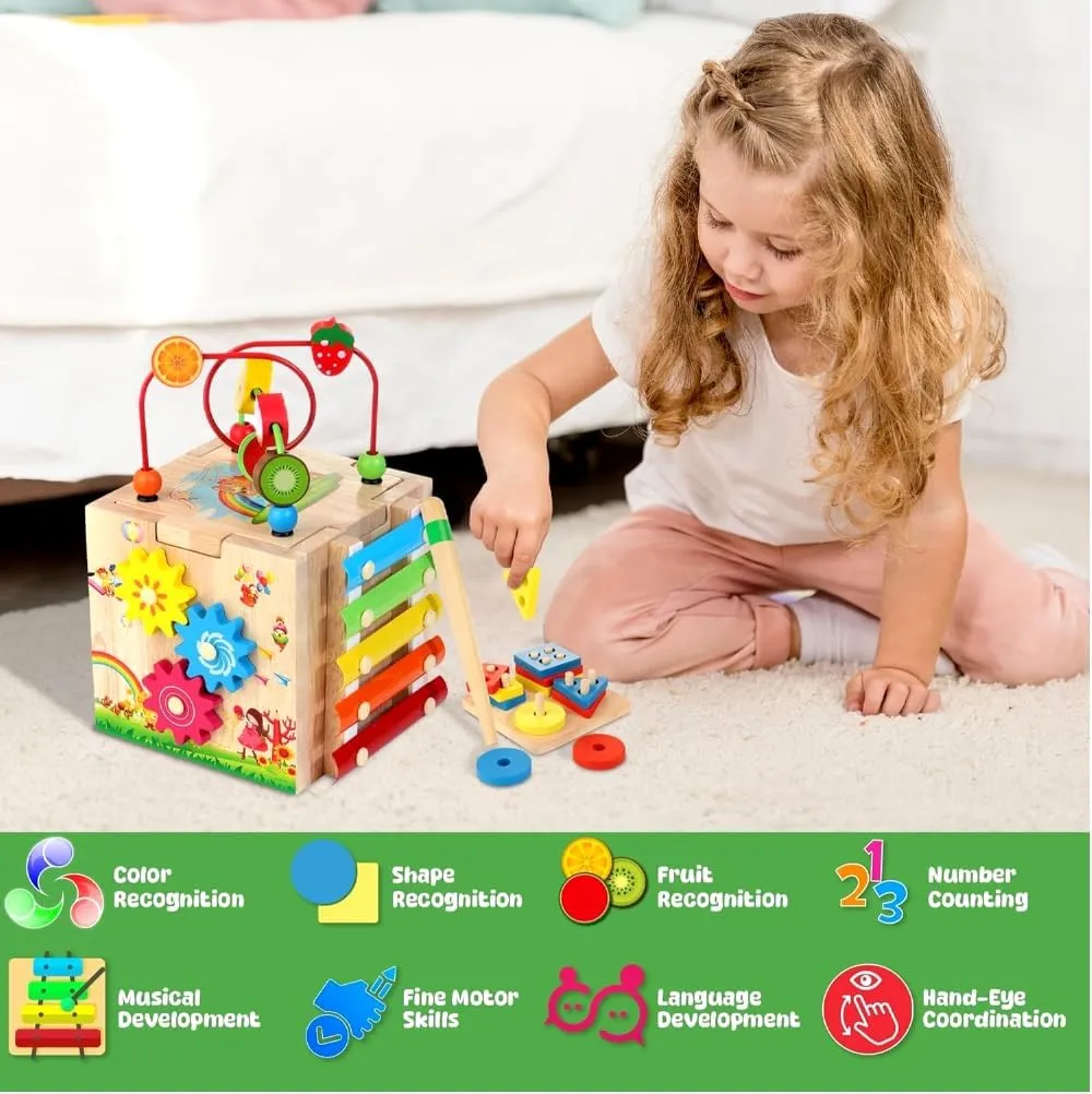 Batlofty Wooden Activity Cube, 8-in-1 Montessori Toys for 1  Year Old Boys & Girls, Educational Learning Toys for Toddlers Age 1-2, 1st Birthday Gift with Word Cards | Bonus Sorting & Stacking Board