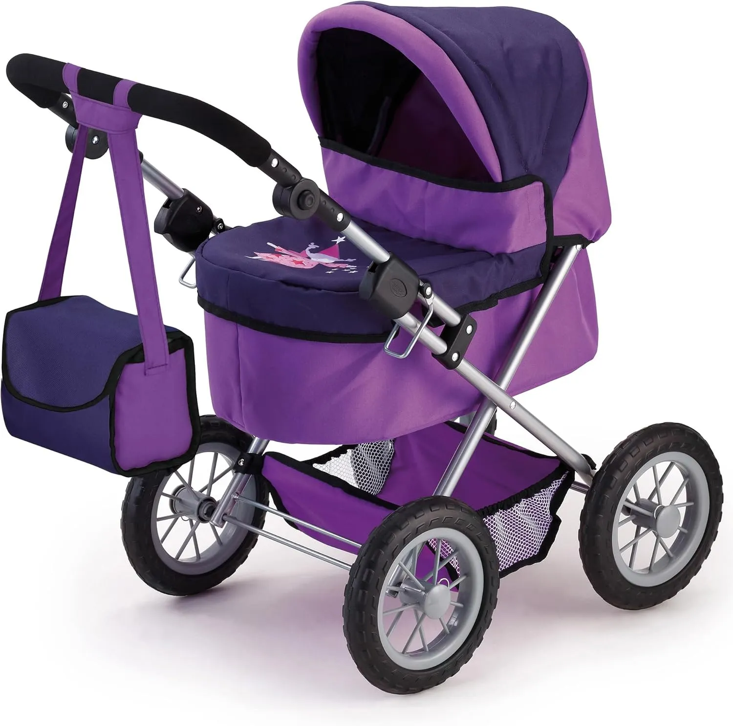Bayer Design Dolls: Trendy Pram - Two-Tone Purple & Fairy - Accessory for Dolls Up to 18", Shoulder Bag, Adjustable Handle, Foldable, Kids Toy Ages 3 