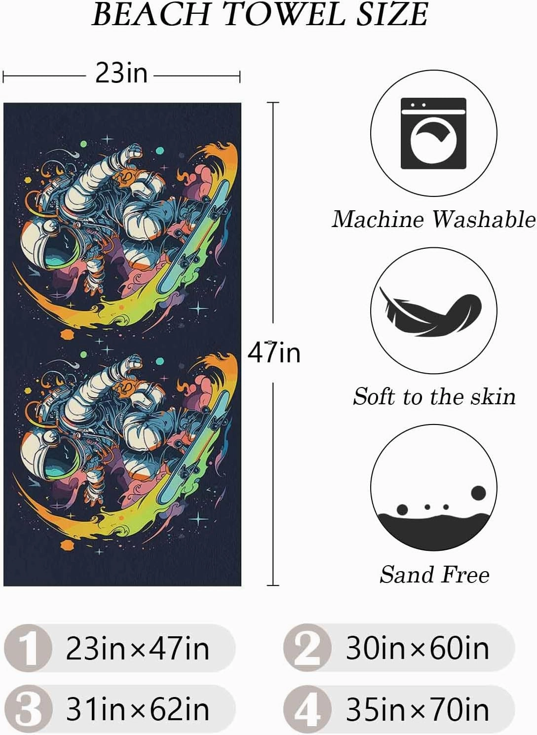 Beach Towel Creative Sport Astronauts Bath Pool Towels Watercolor Skateboarding Sand Free Blanket Quick Dry Lightweight Travel Blankets for Adults Gifts 35x70in