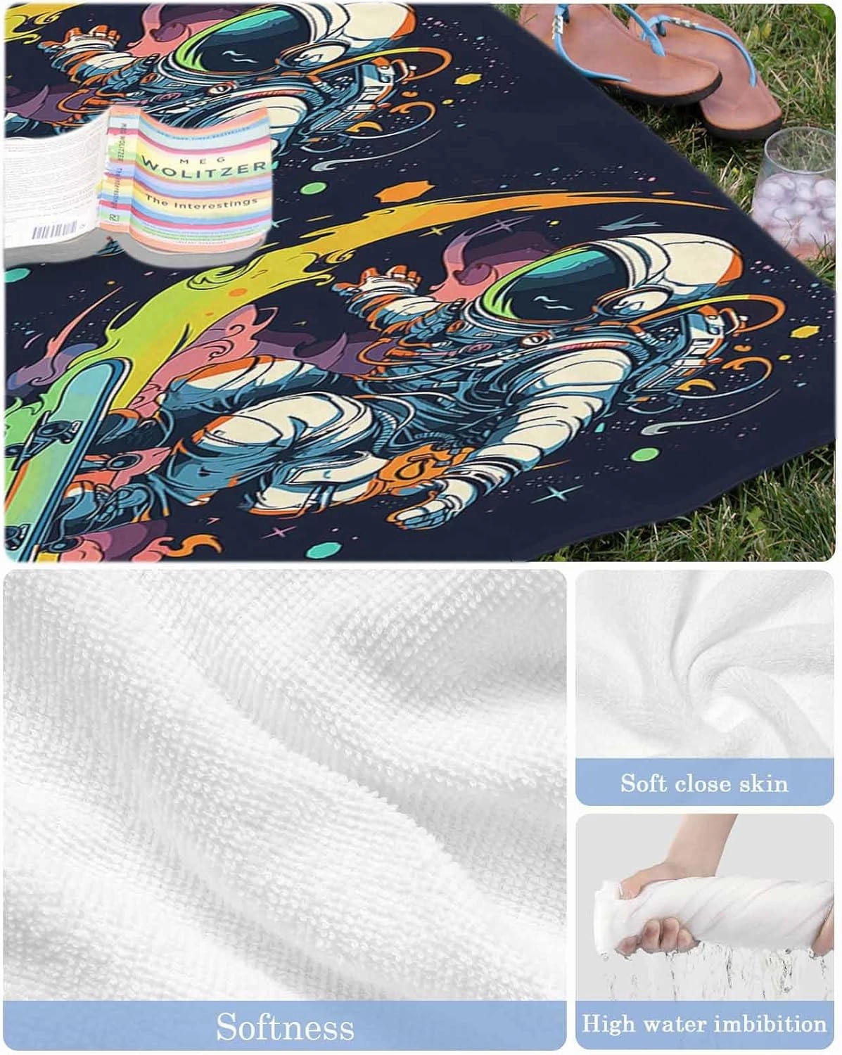 Beach Towel Creative Sport Astronauts Bath Pool Towels Watercolor Skateboarding Sand Free Blanket Quick Dry Lightweight Travel Blankets for Adults Gifts 35x70in