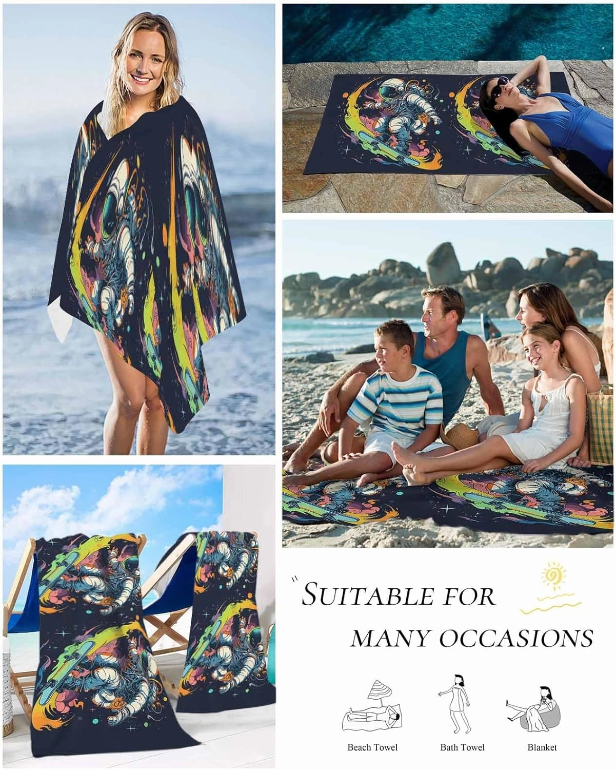 Beach Towel Creative Sport Astronauts Bath Pool Towels Watercolor Skateboarding Sand Free Blanket Quick Dry Lightweight Travel Blankets for Adults Gifts 35x70in