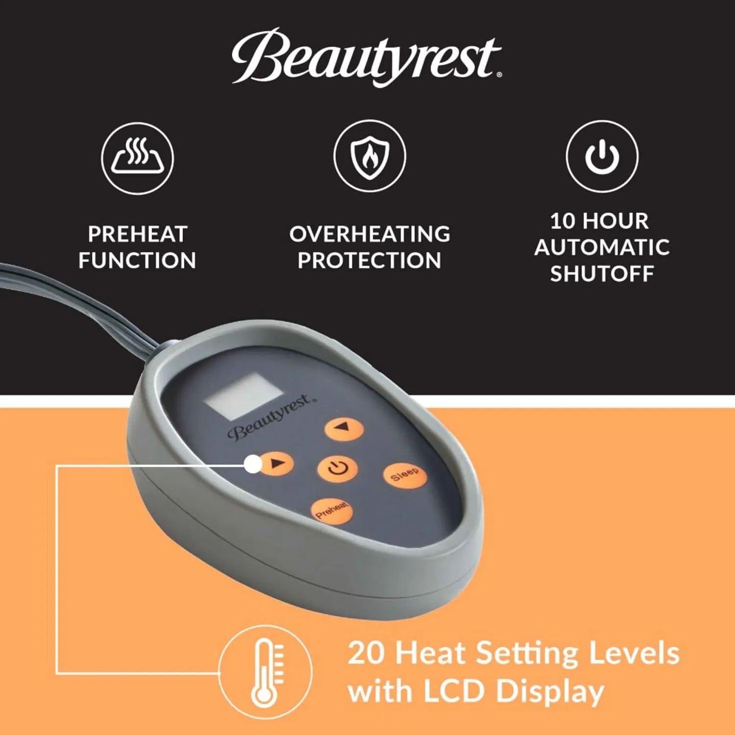 Beautyrest Cotton Heated Mattress Pad - Bed Warmer with 20 Heat Settings Controller, Auto Shut Off Timer, All Around Elastic Deep Pocket, UL Certified, Machine Washable, White Twin