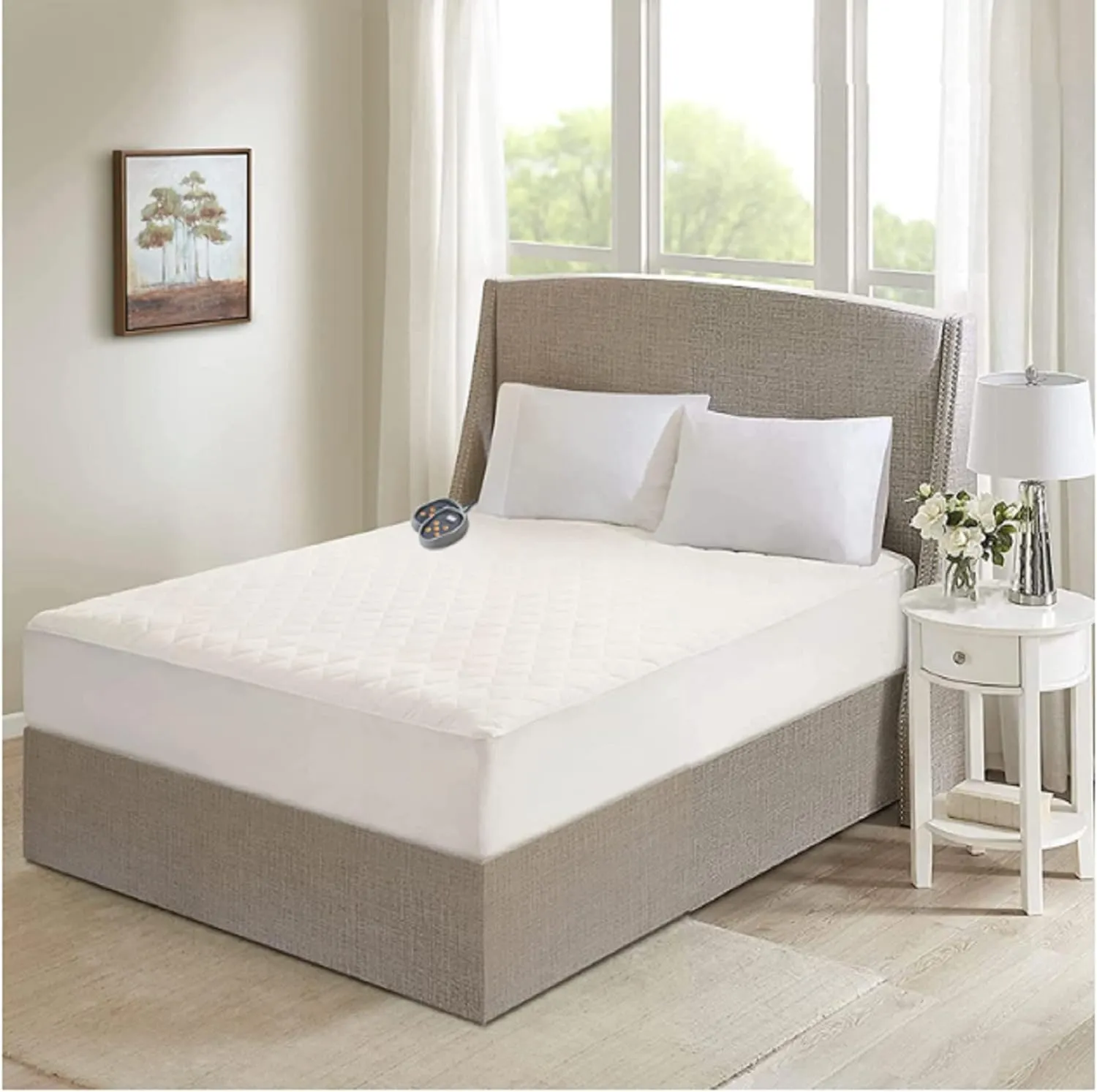 Beautyrest Cotton Heated Mattress Pad - Bed Warmer with 20 Heat Settings Controller, Auto Shut Off Timer, All Around Elastic Deep Pocket, UL Certified, Machine Washable, White Twin