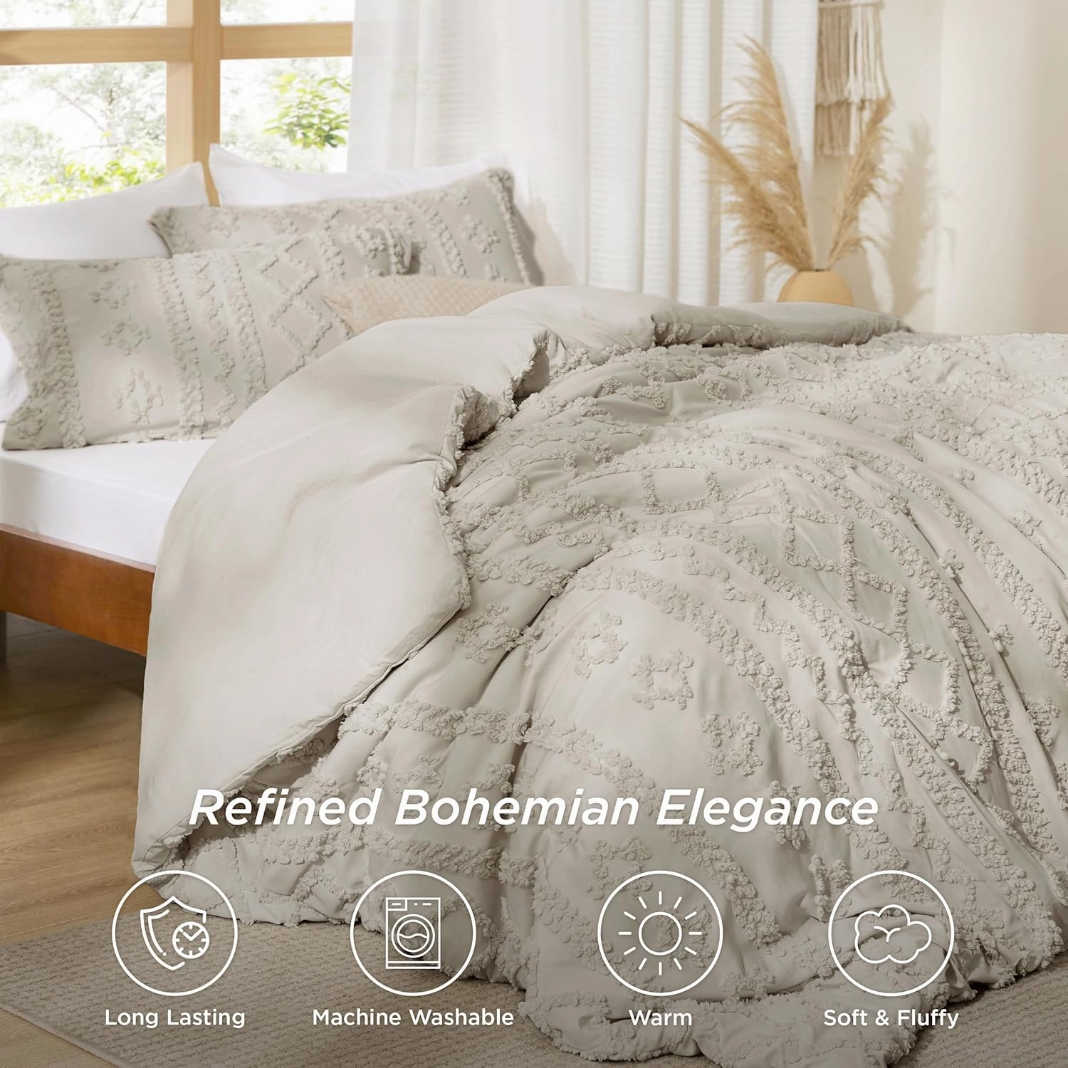 Bedsure Tufted Boho Comforter Set King Size - Linen Boho Bed Set, GentleSoft™ 3 Pieces Farmhouse Shabby Chic Embroidery Bedding, Gifts for Woman, Soft Jacquard King Comforter for All Seasons
