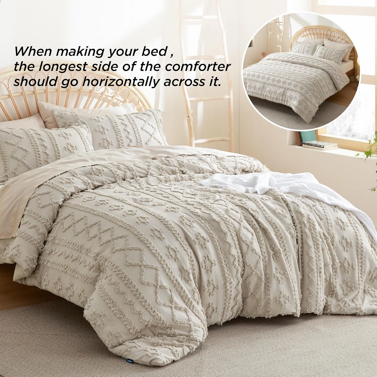 Bedsure Tufted Boho Comforter Set King Size - Linen Boho Bed Set, GentleSoft™ 3 Pieces Farmhouse Shabby Chic Embroidery Bedding, Gifts for Woman, Soft Jacquard King Comforter for All Seasons