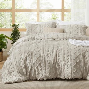 Bedsure Tufted Boho Comforter Set King Size - Linen Boho Bed Set, GentleSoft™ 3 Pieces Farmhouse Shabby Chic Embroidery Bedding, Gifts for Woman, Soft Jacquard King Comforter for All Seasons