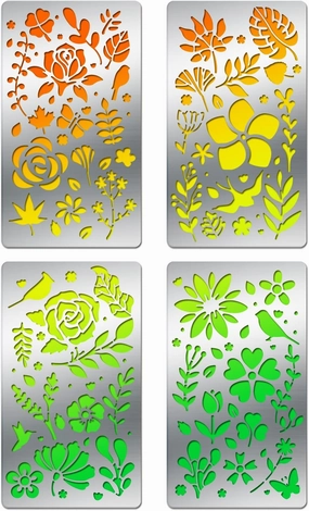 BENECREAT 4PCS 4x7 Inch Flower Grass Pattern Metal Stencils, Nature Theme Butterfly Bird Stencil Template for Wood Carving, Drawings and Woodburning, Engraving and Scrapbooking
