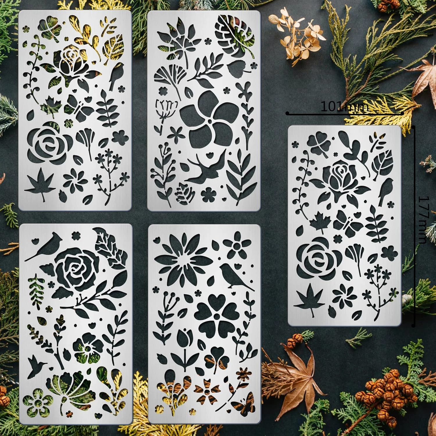 BENECREAT 4PCS 4x7 Inch Flower Grass Pattern Metal Stencils, Nature Theme Butterfly Bird Stencil Template for Wood Carving, Drawings and Woodburning, Engraving and Scrapbooking