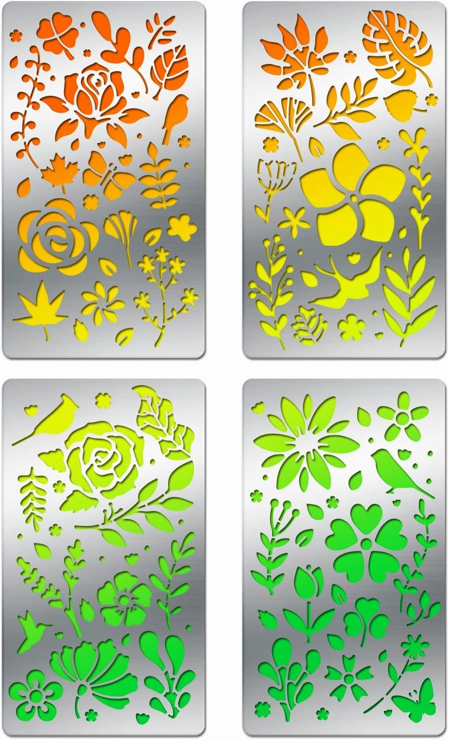 BENECREAT 4PCS 4x7 Inch Flower Grass Pattern Metal Stencils, Nature Theme Butterfly Bird Stencil Template for Wood Carving, Drawings and Woodburning, Engraving and Scrapbooking