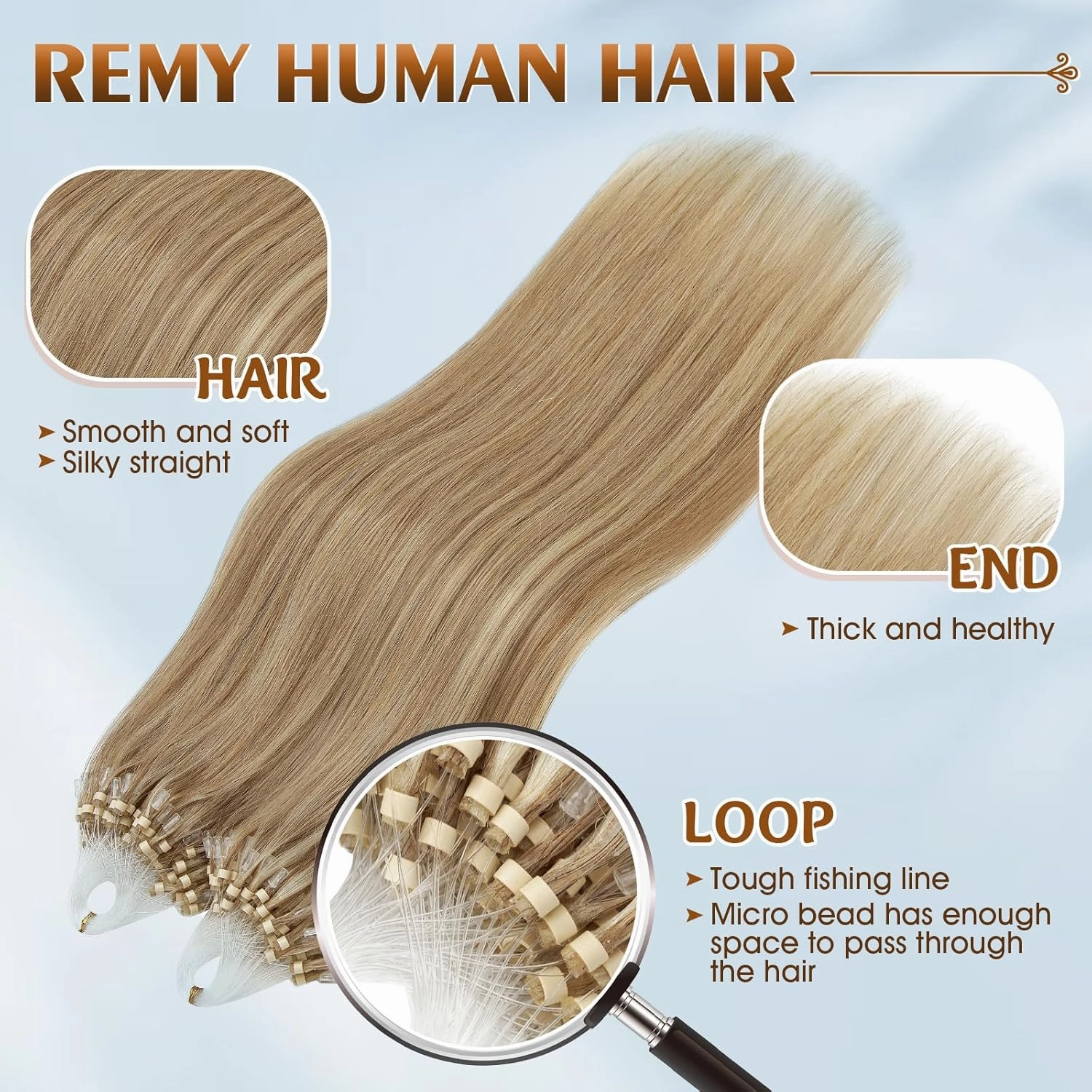 Benehair Micro Loop Ring Human Hair Extensions Beads Invisible Fish Line Stick Hairpiece for Women Highlighted Brown Blonde Straight Real Remy Hair 16 inch 100 Strands 50g #12&613