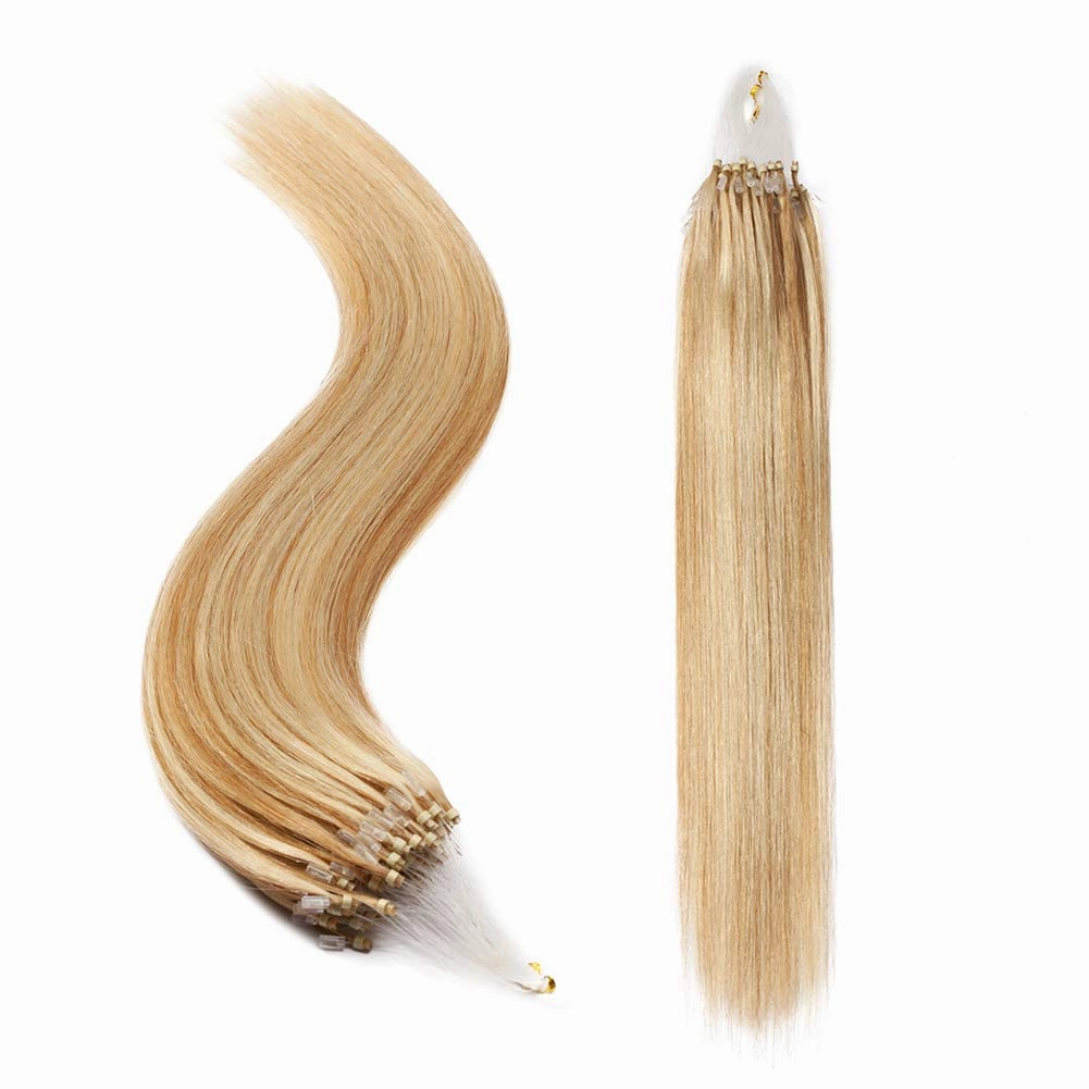Benehair Micro Loop Ring Human Hair Extensions Beads Invisible Fish Line Stick Hairpiece for Women Highlighted Brown Blonde Straight Real Remy Hair 16 inch 100 Strands 50g #12&613
