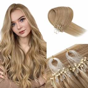 Benehair Micro Loop Ring Human Hair Extensions Beads Invisible Fish Line Stick Hairpiece for Women Highlighted Brown Blonde Straight Real Remy Hair 16 inch 100 Strands 50g #12&613