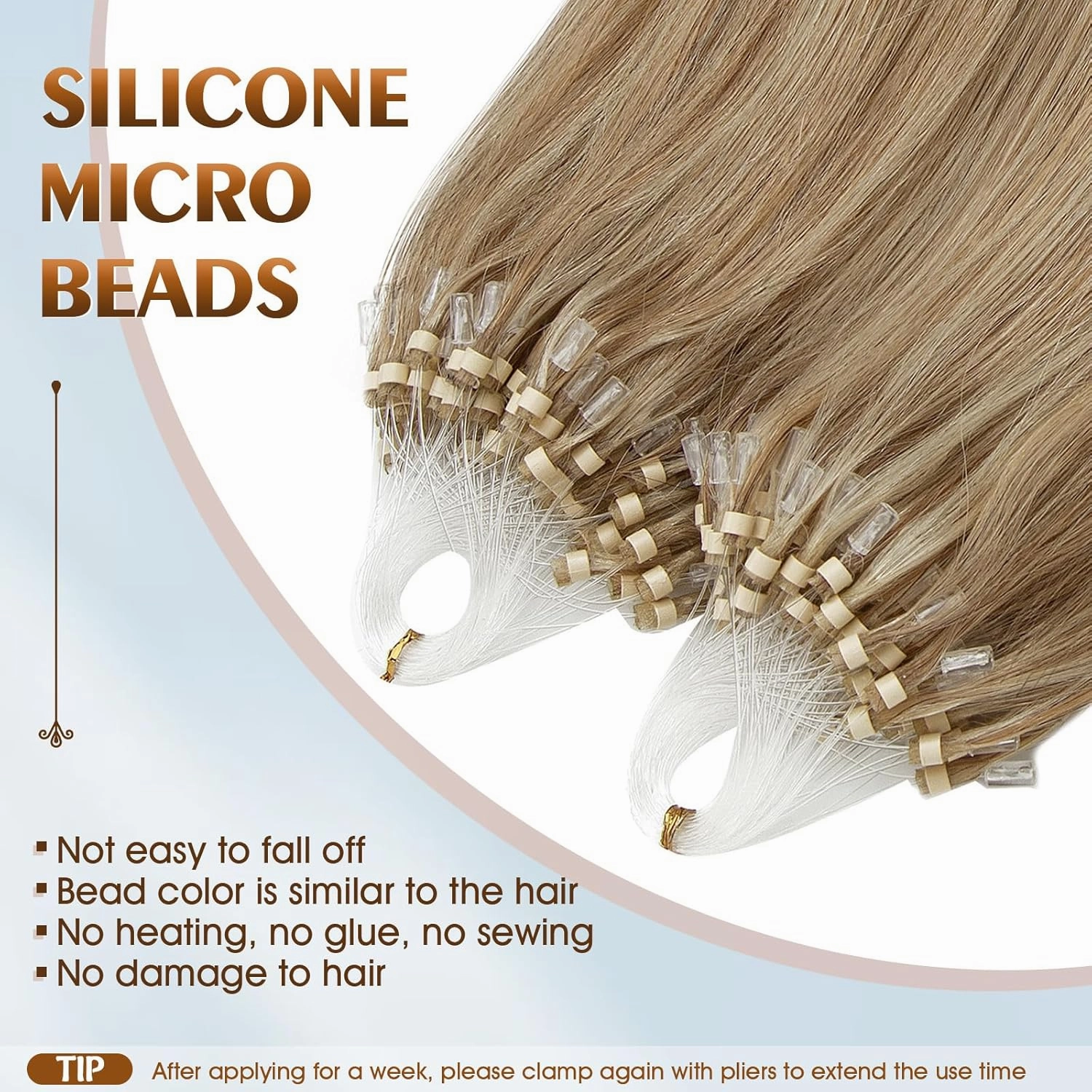Benehair Micro Loop Ring Human Hair Extensions Beads Invisible Fish Line Stick Hairpiece for Women Highlighted Brown Blonde Straight Real Remy Hair 16 inch 100 Strands 50g #12&613