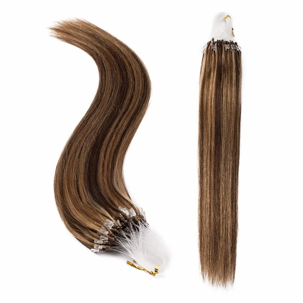 Benehair Micro Ring Human Hair Extensions Straight Micro Beads Hair Extensions Medium Brown&Dark Blonde #4P27 50g 20Inch Remy Micro Loop Hair Extensions