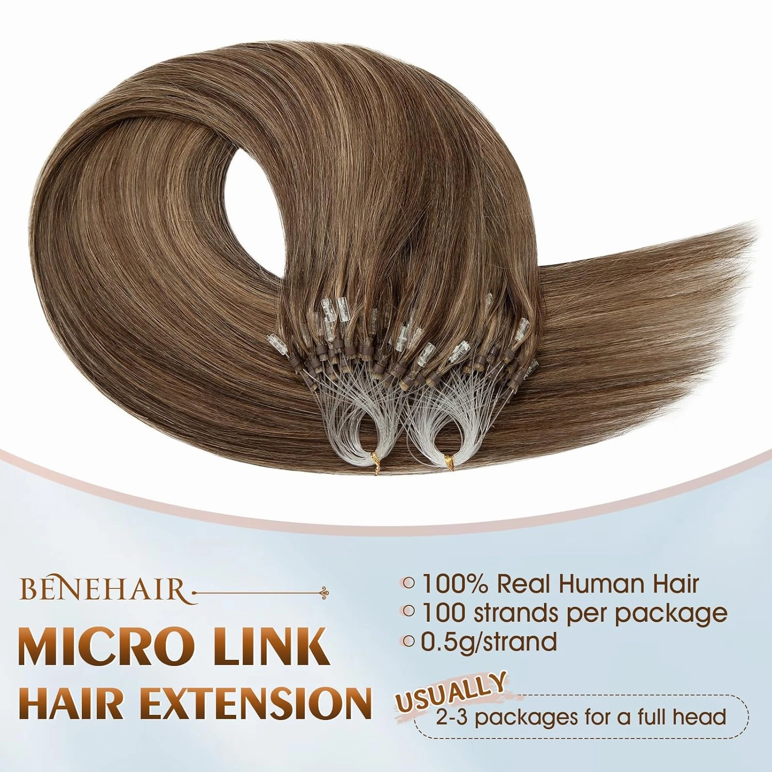 Benehair Micro Ring Human Hair Extensions Straight Micro Beads Hair Extensions Medium Brown&Dark Blonde #4P27 50g 20Inch Remy Micro Loop Hair Extensions