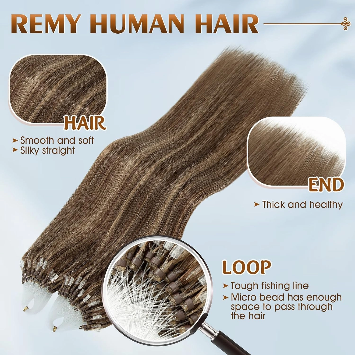 Benehair Micro Ring Human Hair Extensions Straight Micro Beads Hair Extensions Medium Brown&Dark Blonde #4P27 50g 20Inch Remy Micro Loop Hair Extensions