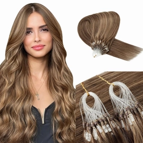 Benehair Micro Ring Human Hair Extensions Straight Micro Beads Hair Extensions Medium Brown&Dark Blonde #4P27 50g 20Inch Remy Micro Loop Hair Extensions