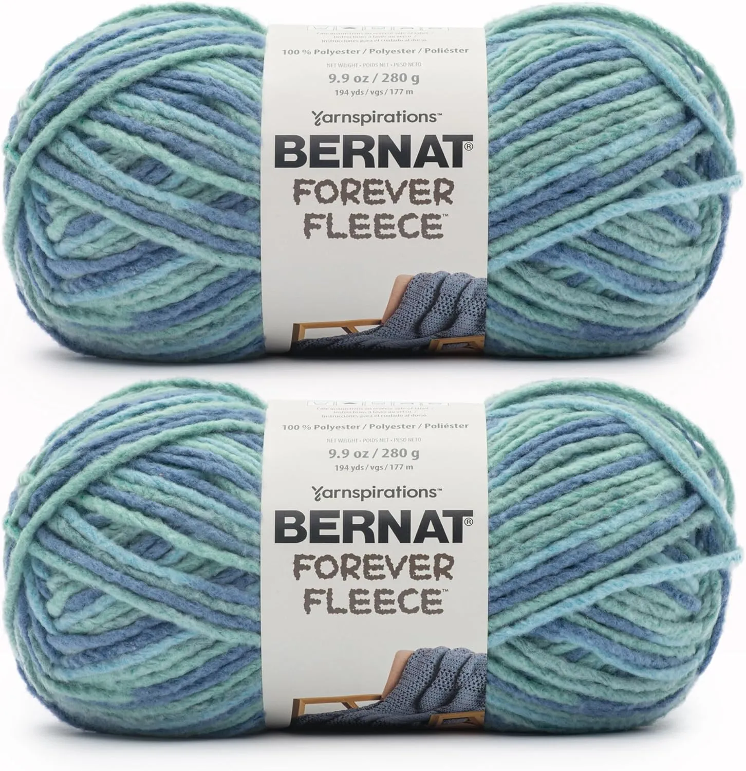 Bernat Forever Fleece Seaglass Yarn - 2 Pack of 280g/9.9 oz - 100% Polyester - #6 Super Bulky - 194 Yards - Knitting/Crochet