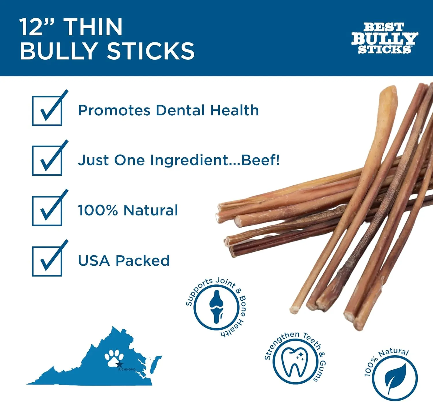 Best Bully Sticks 12 Inch Thin Bully Sticks for Dogs - 24 Count (Pack of 1) - Natural Grain and Rawhide Free, Puppies, Seniors, Small Breeds