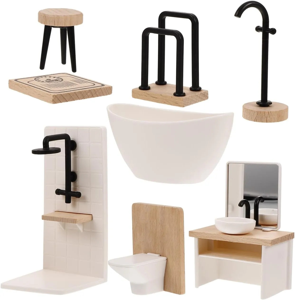 BESTonZON 8pcs Dollhouse Miniature Bathroom Set 1 12 Scale Bathroom Accessories Wood Bathroom Cabinet with Sink Dollhouse Toilet Bathtub Miniature Furniture Doll Accessories