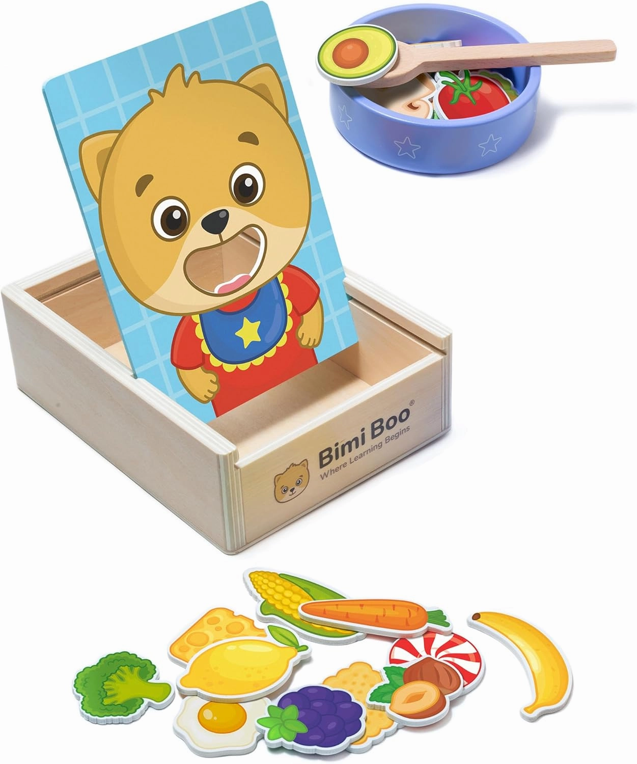 Bimi Boo Wooden Feeding Toy for Toddlers Ages 1-4  - Montessori Pretend Play Food Set for Kids (27 Various Foods, a Spoon, Bowl)