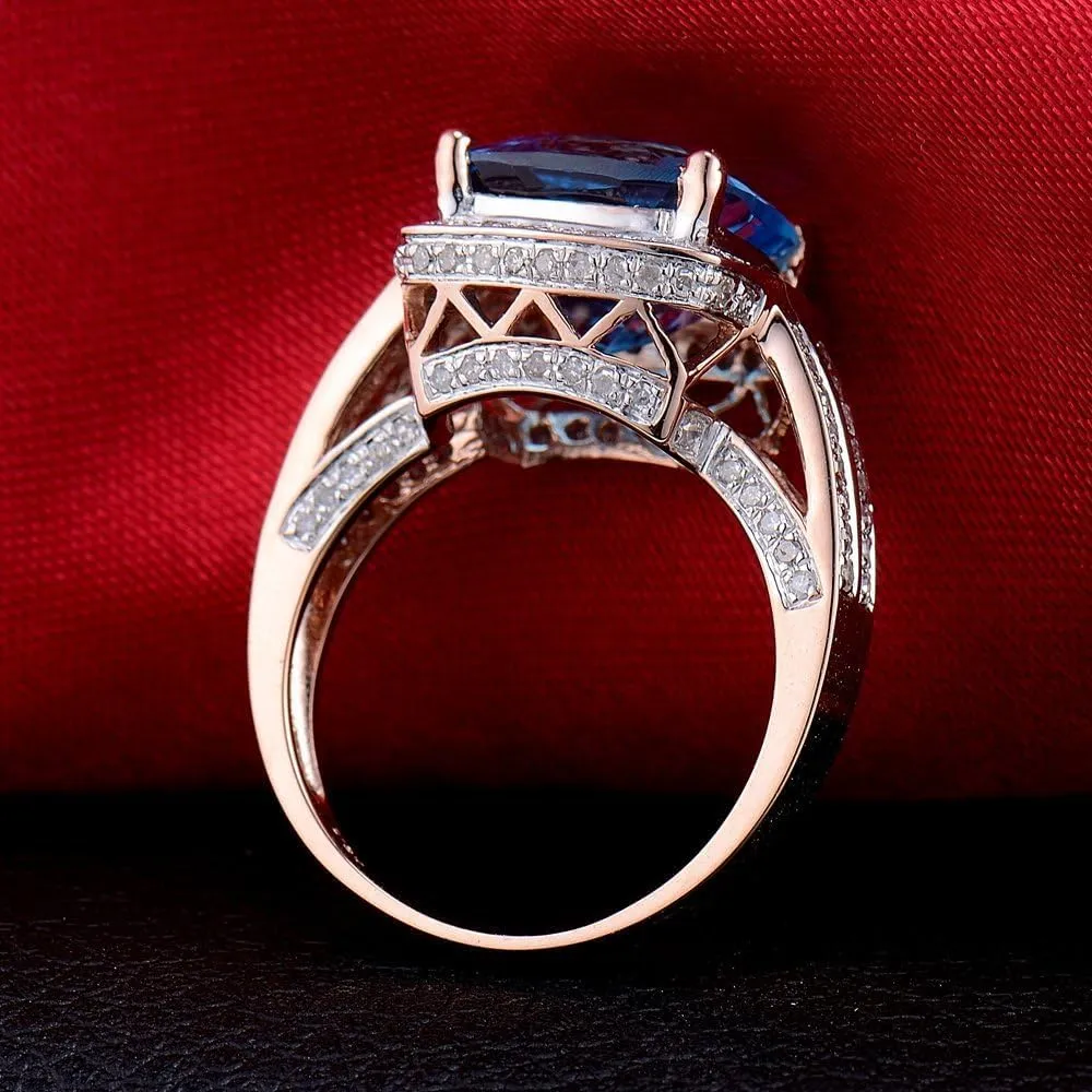 Blue Topaz Ring For Women, 18K Rose Gold Rings - Topaz Ring with Diamond, Romantic Natural Topaz Blue Ring & Real Diamond Gemstone Rings For Couple Engagement Ring