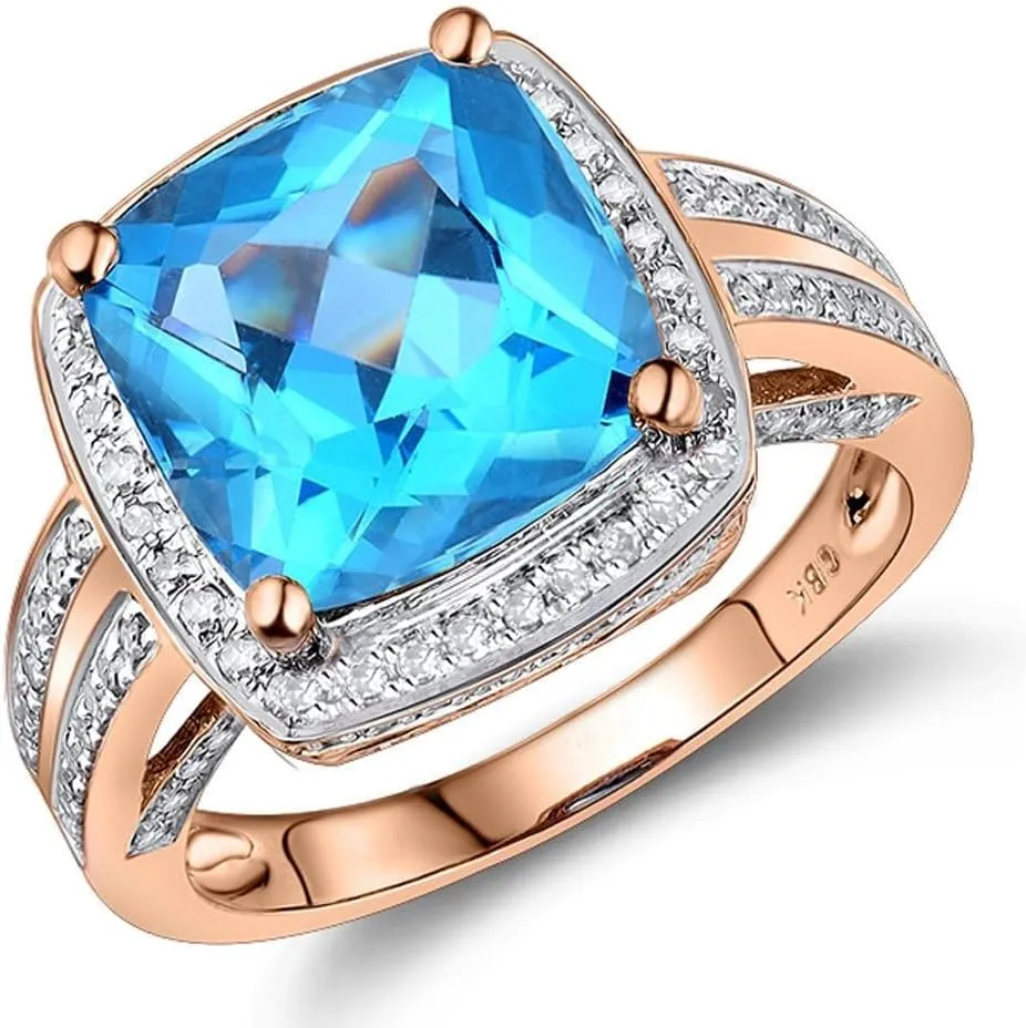 Blue Topaz Ring For Women, 18K Rose Gold Rings - Topaz Ring with Diamond, Romantic Natural Topaz Blue Ring & Real Diamond Gemstone Rings For Couple Engagement Ring