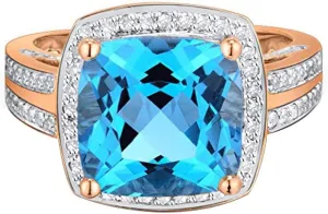 Blue Topaz Ring For Women, 18K Rose Gold Rings - Topaz Ring with Diamond, Romantic Natural Topaz Blue Ring & Real Diamond Gemstone Rings For Couple Engagement Ring