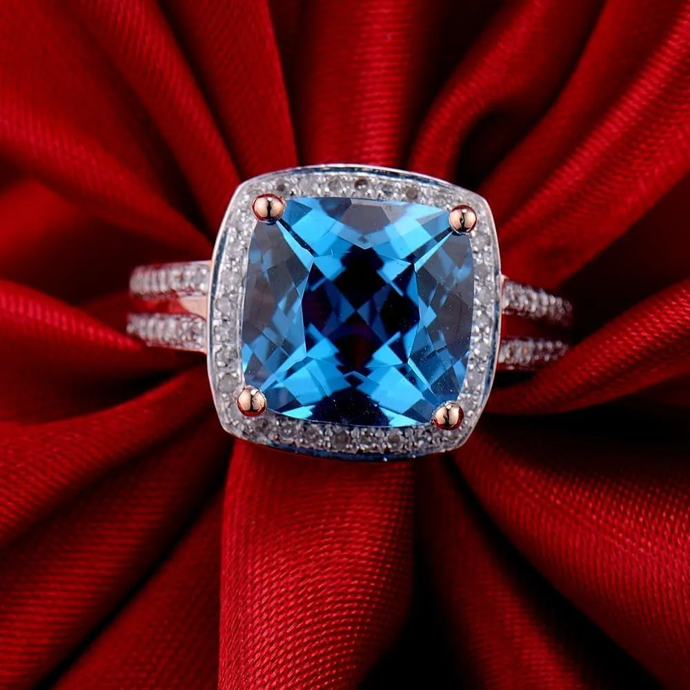 Blue Topaz Ring For Women, 18K Rose Gold Rings - Topaz Ring with Diamond, Romantic Natural Topaz Blue Ring & Real Diamond Gemstone Rings For Couple Engagement Ring