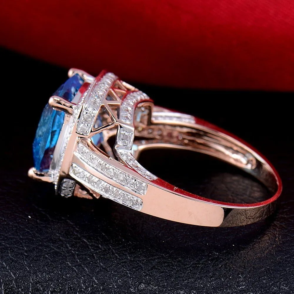 Blue Topaz Ring For Women, 18K Rose Gold Rings - Topaz Ring with Diamond, Romantic Natural Topaz Blue Ring & Real Diamond Gemstone Rings For Couple Engagement Ring